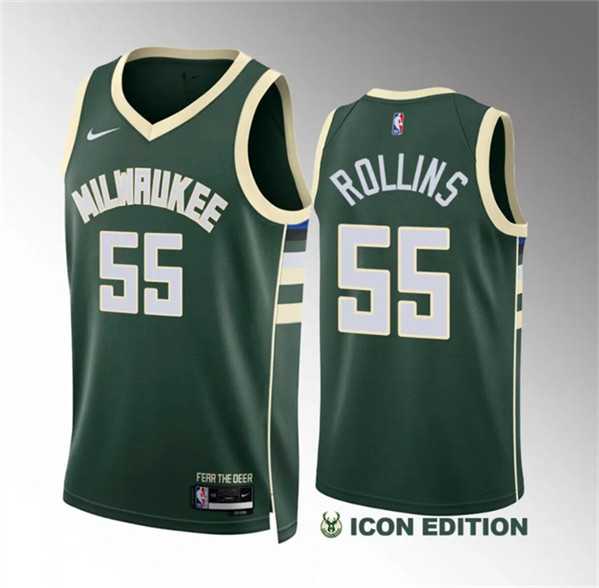 Men%27s Milwaukee Bucks #55 Ryan Rollins Green Icon Edition Stitched Basketball Jersey Dzhi